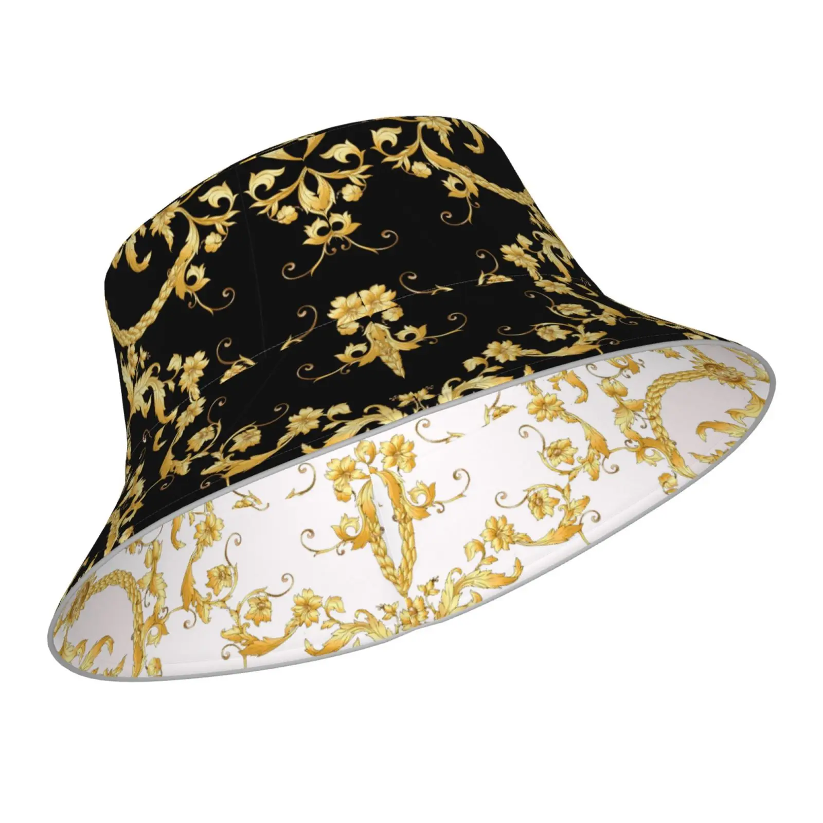 

NOISYDESIGNS Luxury Women Bucket Fishing Hats Reversible Sun Cap Europen Golden Floral Night Reflect Light Lady Fisherman Hat