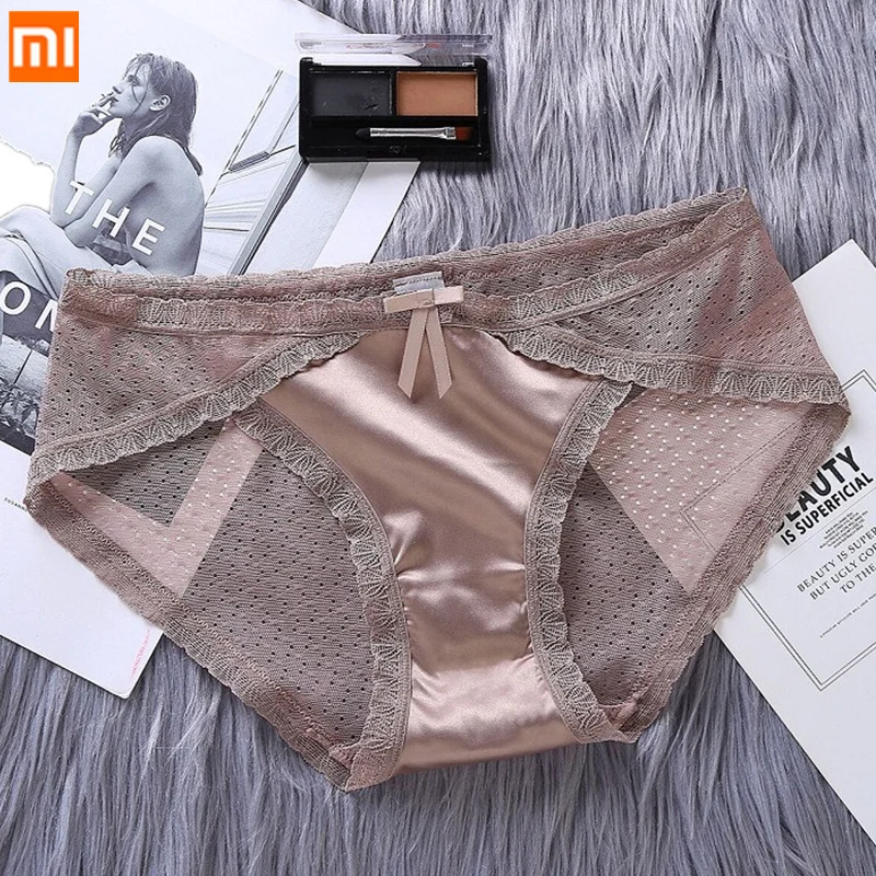 

3pcs Xiaomi Ladies Sexy Retro Panties Luxurious Satin Lace Trim Hot Translucent Underwear Women Mesh Seamless Mid-waist Briefs