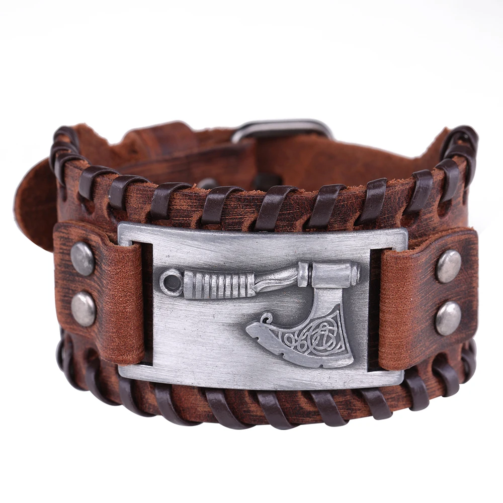 wide brown-silver Skyrim славянский топор perun металлические изделия, соединитель талисманы кожаный браслет для мужчин опал Викинг ювелирные изделия обертывание браслет - Окраска металла: wide brown-silver