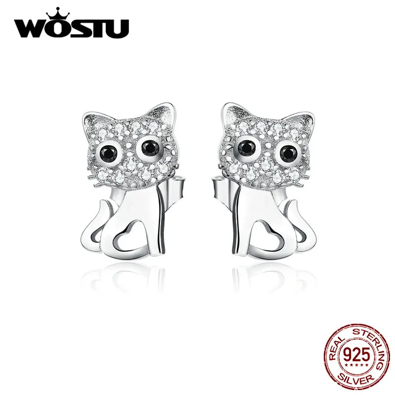 

WOSTU Cute Cat Earrings 100% Real 925 Sterling Silver CZ Jewelry Little Kitty For Women Hot Fashion Jewelry Gift CQE797