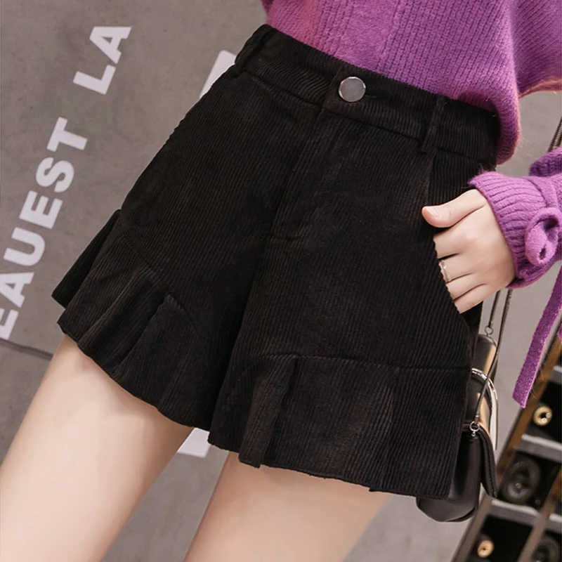 2020 Fashion High Waisted Skirt Shorts Women Autumn Winter Corduroy Ruffles Kawaii Shorts Female Loose Wide Leg Short Feminino