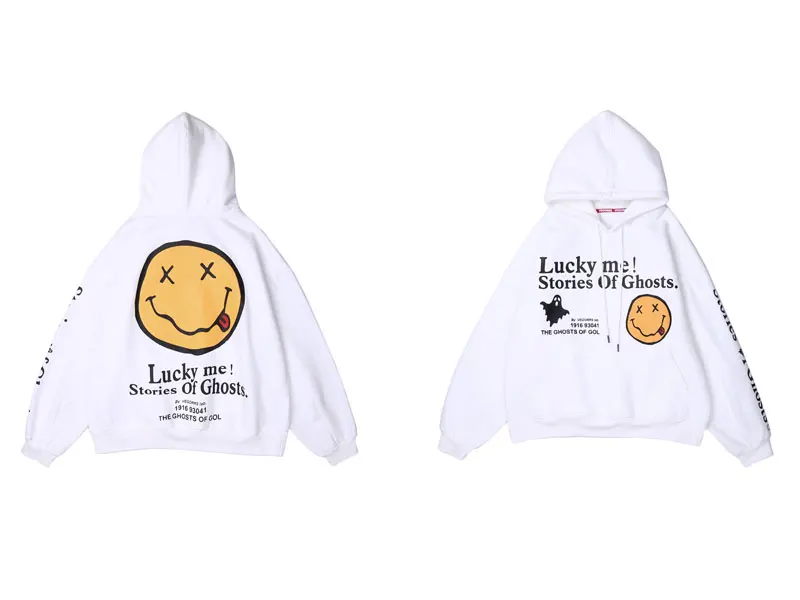GONTHWID Lucky Me Smile Face Print Fleece Hooded Sweatshirts Hoodies Harajuku Fashion Casual Pullover Tops Streetwear Hip Hop