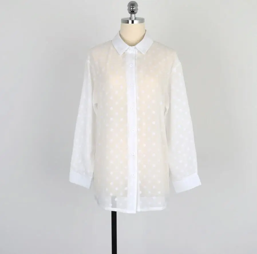 Женская новая Повседневная блуза, тонкая, прозрачная, однотонная, в белый горошек, с длинным рукавом, свободная, сексуальная, женская рубашка, осень