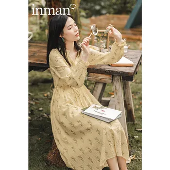 

INAMN 2020 Autumn New Arrival Lace Long Sleeves V-neck Waist Compression Floral Print A-line Dress