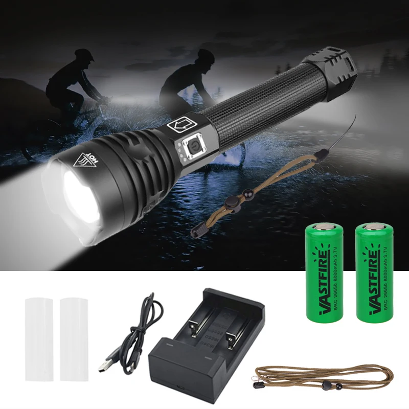 With Battery XHP90 2500 Lumens Zoomable LED Flashlight USB Rechargeable Tactical Camping Hunting Torch Light+2*26650+USB Charger - Испускаемый цвет: With Battery