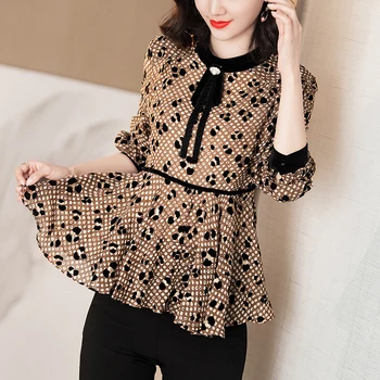 

Women Fashion Tops Blouses Elegant O-neck Long Sleeve Vintage Print Ruffles Slim Office Lady Chiffon Shirt Blouse Spring Autumn