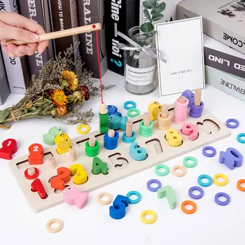 

Child Wooden Digital Computing Building Shape Matching Cognitive 3-in-one Hands-on ability magnetic Fishing Log Board Puzzle Toy