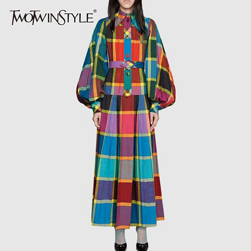 TWOTWINSTYLE клетчатые популярные цветные платья для женщин, воротник с лацканами, фонарь, длинный рукав, высокая талия, платье с поясом, женская одежда, новинка