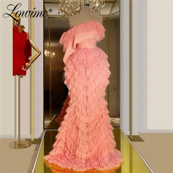 

Saudi Arabia Pink Kaftans Formal Evening Dress Dubai Arabic Mermaid Short Sleeves Party Dress For Weddings Prom Gown 2020 Custom
