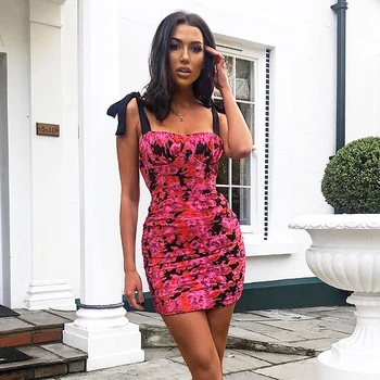 

New Women Bandage Bodycon Casual Sleeveless Floral Party Cocktail Mini Dress 2020 Women Body Dress Lace-up Sleeveless Sexy Dress