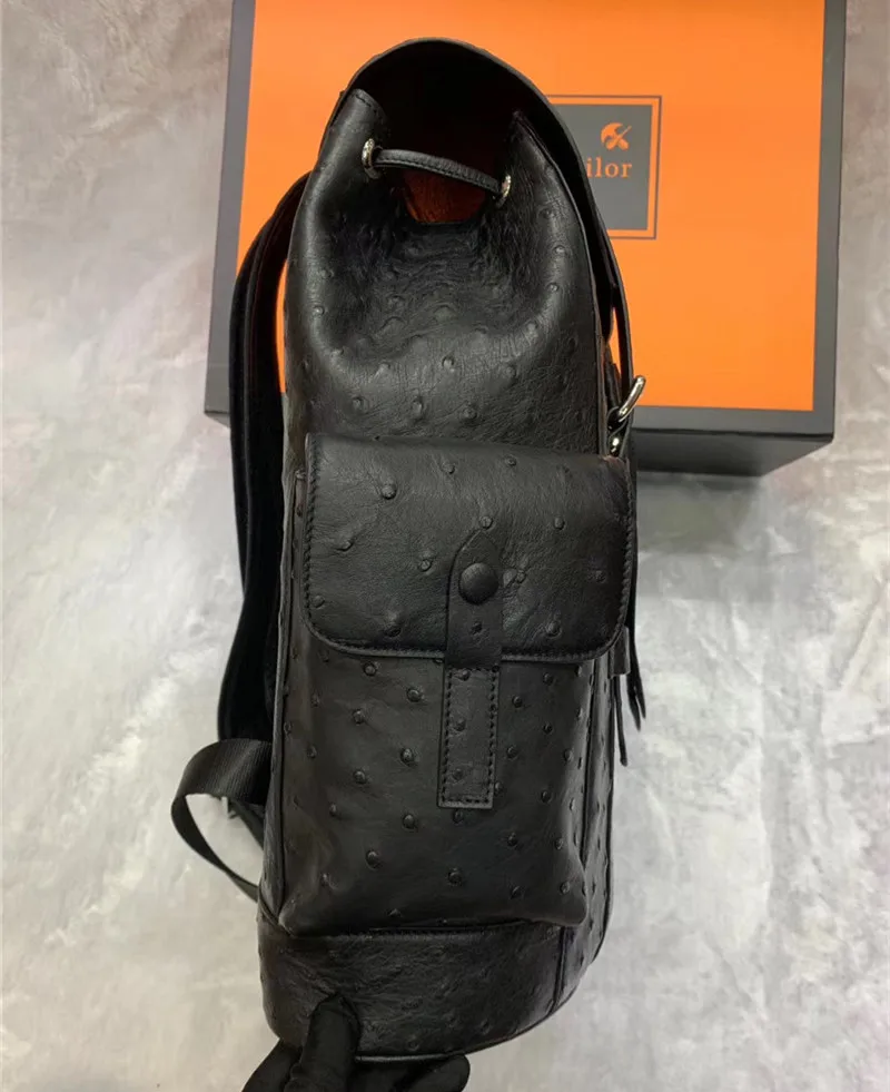 Authentic Real True Ostrich Skin Men Large Casual Black Drawstring Backpack Genuine Exotic Leather Male Leisure Travel Bag Pack 4