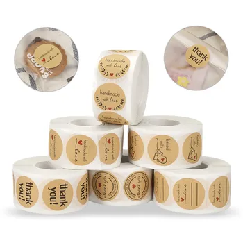 

500pcs/roll Labels Adhesive Paper Stationery Sticker Round Natural Kraft Thank You Sticker Seal Label Handmade With Love Sticker