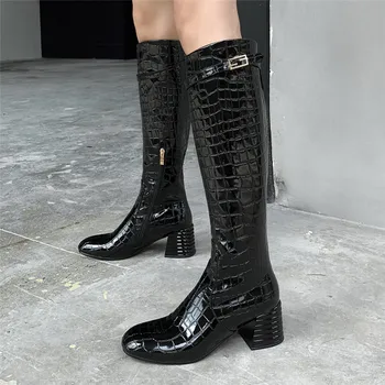 

2020 New Fashion Autumn Winter Western Cowboy Boots Stone Grain Round Toe High Heel Boots Buckle Strap Zipper Women's Shoes