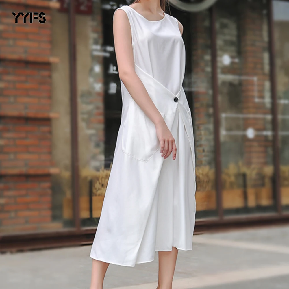 

Elegant Button Women Dress Pocket White Summer 2020 Sleeveless Stretch Loose Oneck Female Casual Office Lady Straight Midi Dress