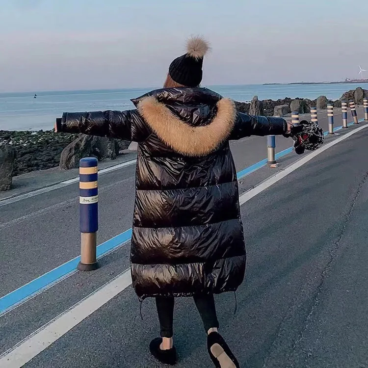 Брендовое зимнее женское пуховое пальто, пальто с большим меховым воротником, белый утиный пух, длинный пуховик для женщин