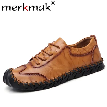 

Merkmak New Autumn Men Shoes Genuine Leather Casual Shoes Fashion Lace-up Men Flats Big Size Male Business Leisure Footwear