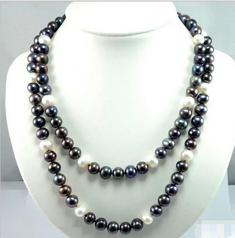 810 9-10mm south sea black white Natural pearl necklace 36"