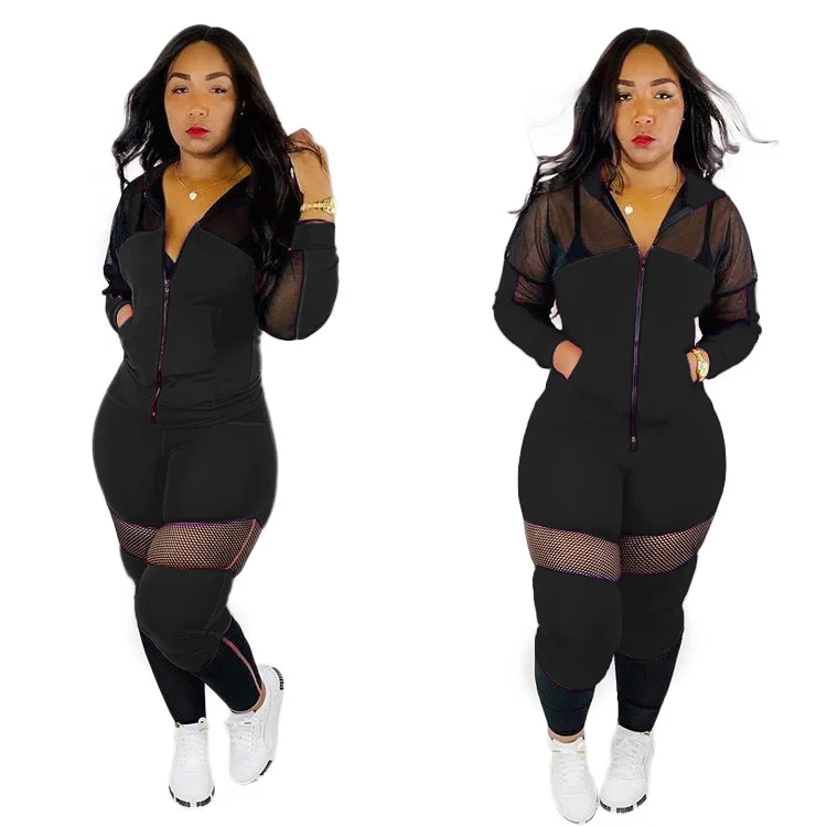 

Two Piece Set Women's Zipper Hooded top And Elastic Waist Pants Mesh Patchwork Tracksuit Women 2019 Autumn Casual 2 Piece Set