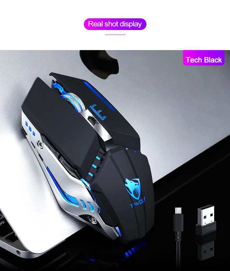 Для T-wolf Q15 USB беспроводная мышь, зарядка, бесшумный светильник, сенсорное колесо, игровая мышь Star Black