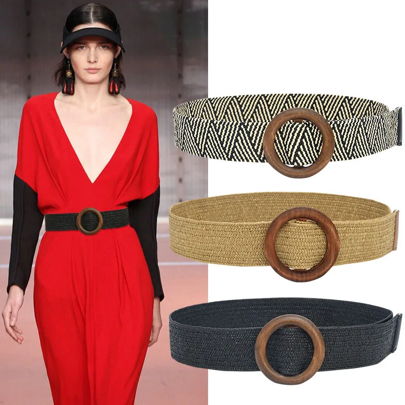 

AWAYTR Bohemian Style Wooden Buckle Belt for Women Fashion Elastic Girdle Waistband Ladies Wide Decorative Belt 90*5cm