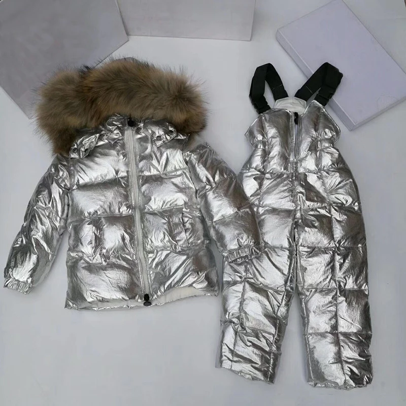 Коллекция года, комплекты зимней одежды для девочек меховая толстовка, костюм для мальчиков, теплая пуховая одежда для мальчиков куртка 6 лет, Комбинезоны Детские Зимние костюмы - Цвет: Silver