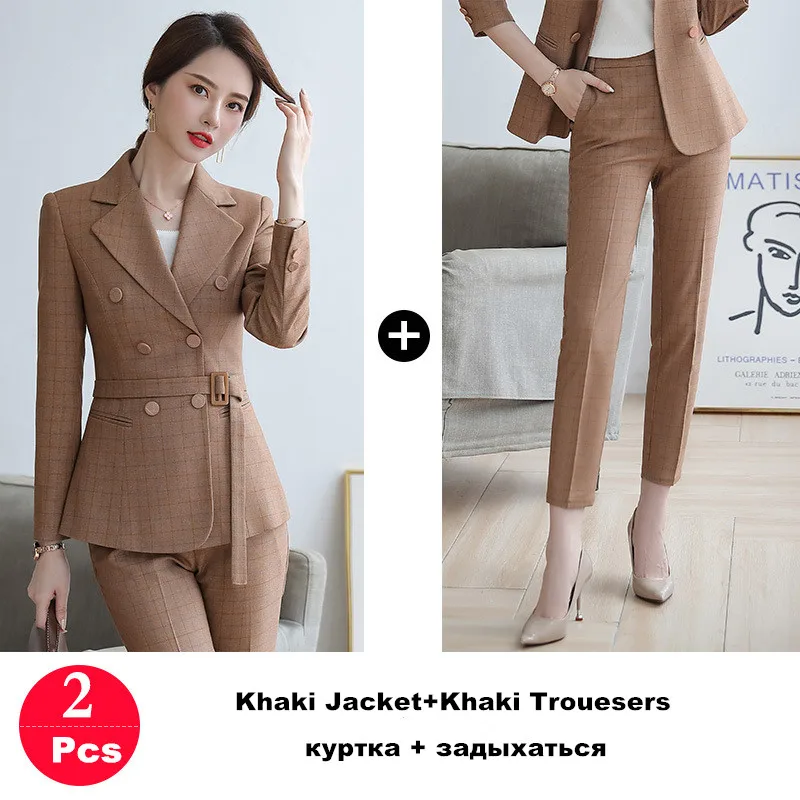 yellow jacket pant Женский костюм брючный костюм розовый хаки клетчатый длинный рукав двубортный пиджак+ длинные брюки комплект из 2 предметов гостиничная рабочая одежда 80322 - Цвет: yellow jacket pant