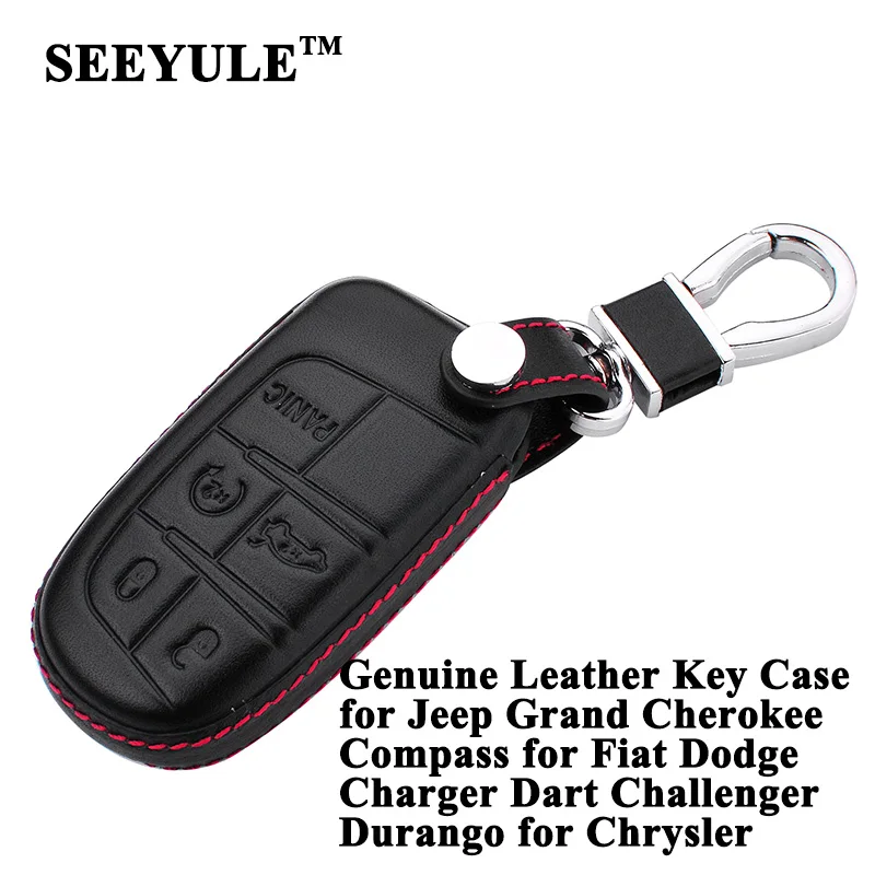 

SEEYULE Genuine Leather Car Key Case Cover Shell Storage Bag Protector for Fiat Dodge Dart Charger Jeep Grand Cherokee Compass