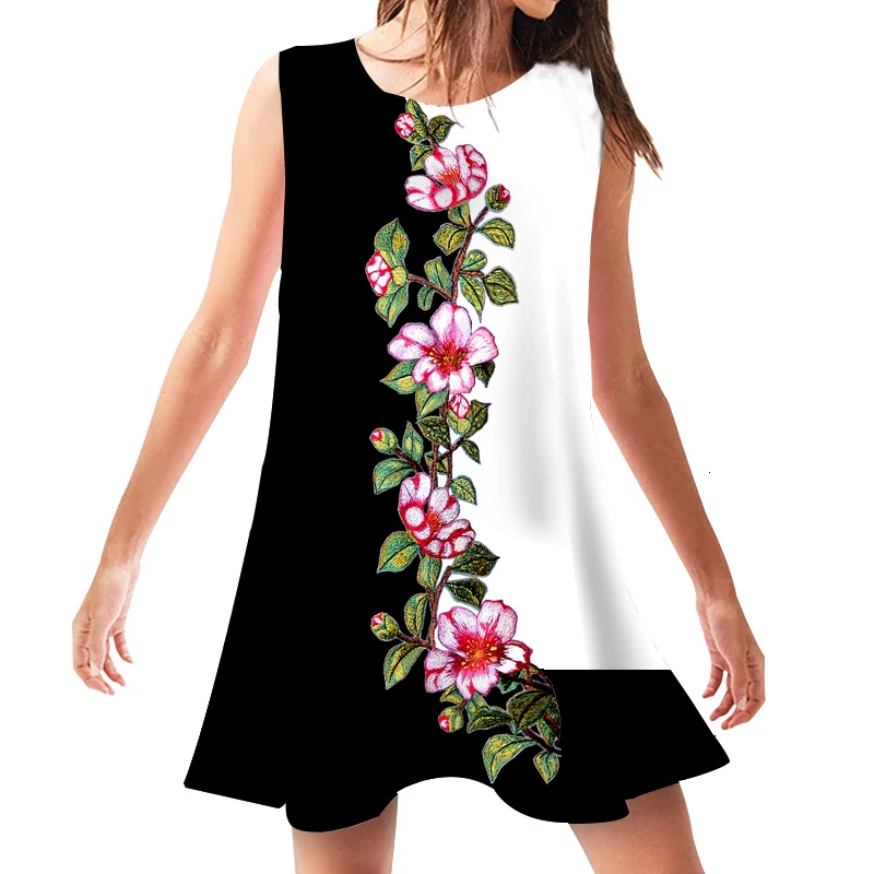 

Woman Casual Dresses Summer Short Dress Sexy Floral Print Beach Wear Patchwork Sleeveless O Neck Short Clothing Elbise