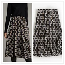 Spring Summer Retro England Style Office Lady Elegant Iron Chain Printing Black Midi Skirt Women Faldas Mujer Moda Long BHN0288