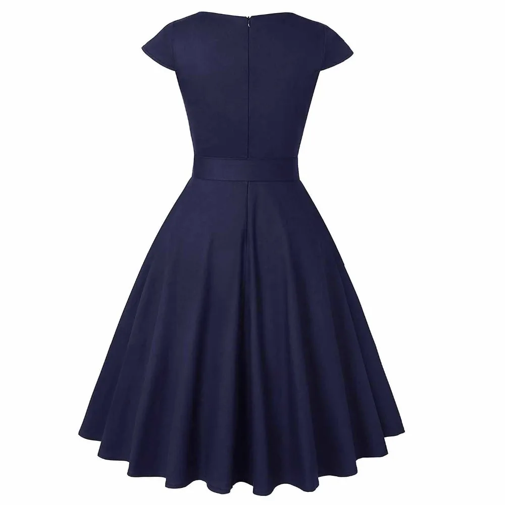 Navy Blue Black Audrey Hepburn Dress V Neck Cotton Short Sleeve 50s 60s 1950s Retro Vintage Big Swing Pinup Rockabilly Dresses