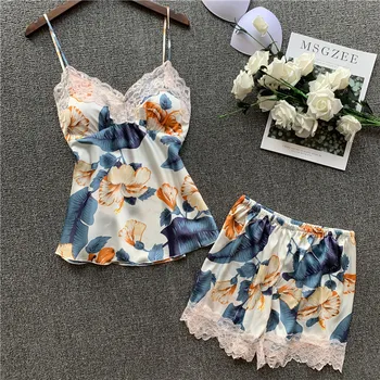 

Woman Sleep Lounge Pajama Set Floral Satin Sleepwear Women Lace Summer Pyjama Femme Pajamas with Chest Pad Sleep Lounge