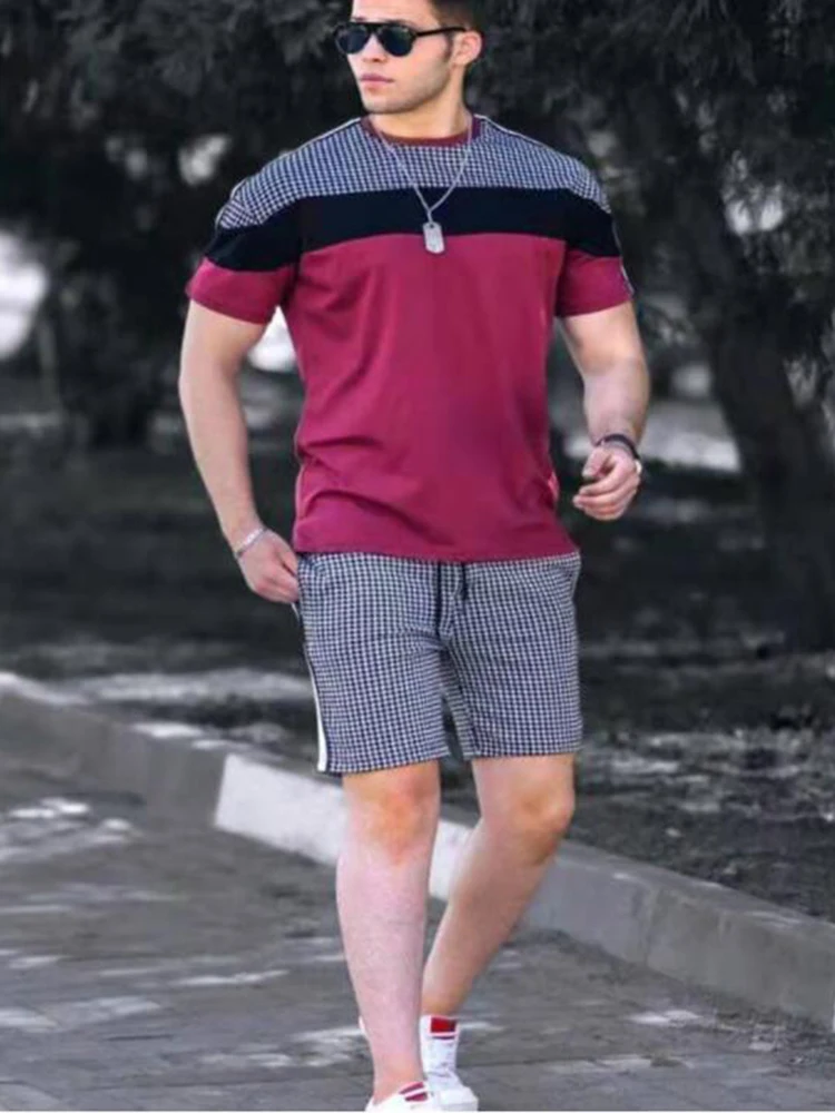 2021 Summer Men's New Trend Street Fashion Plaid Stitching Casual Shorts Suit Short-Sleeved T-Shirt 2-Piece Set mens linen short sets Men's Sets