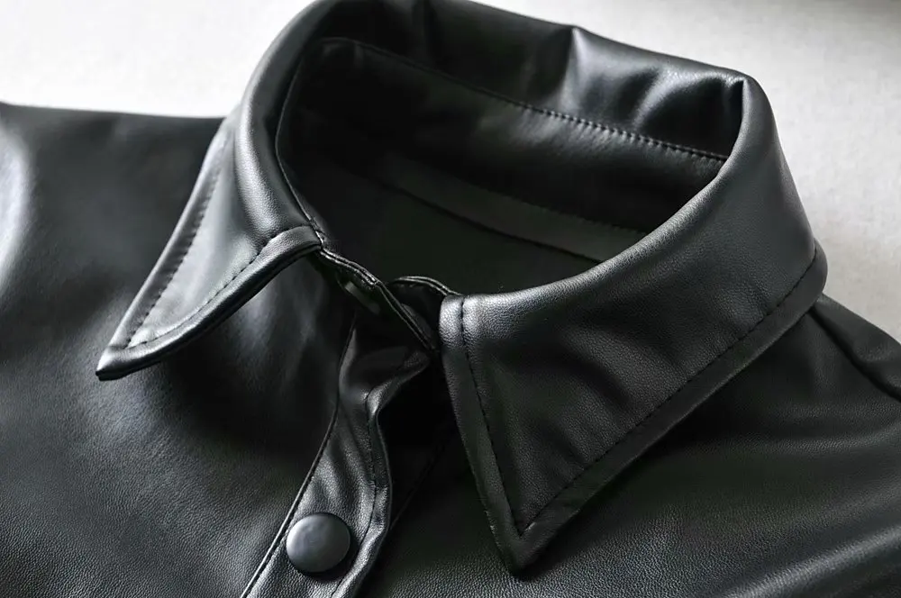 Bazaleas повседневные блузы с отложным воротником из искусственной кожи mujer de moda черные женские топы и блузки модные женские блузки