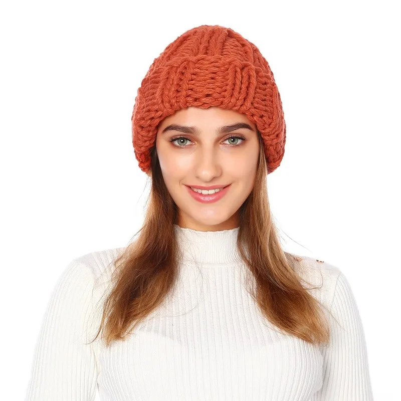 

Winter Warm Knitted Hat Handmade Coarse Large Thick Knit Beanie Wool Ear Warm Hat for Girls High Quality Earmuffs Soft Hats Caps