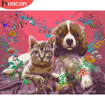 

HUACAN Coloring By Number Dog And Cat HandPainted Art Gift DIY Paint By Number Animals Drawing On Canvas Kits Home Decoration