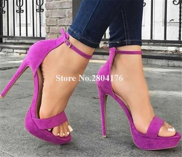 Sandalias elegantes con punta abierta para mujer, zapatos de vestir con plataforma y de aguja de una correa, de ante púrpura, correa en el tobillo - AliExpress