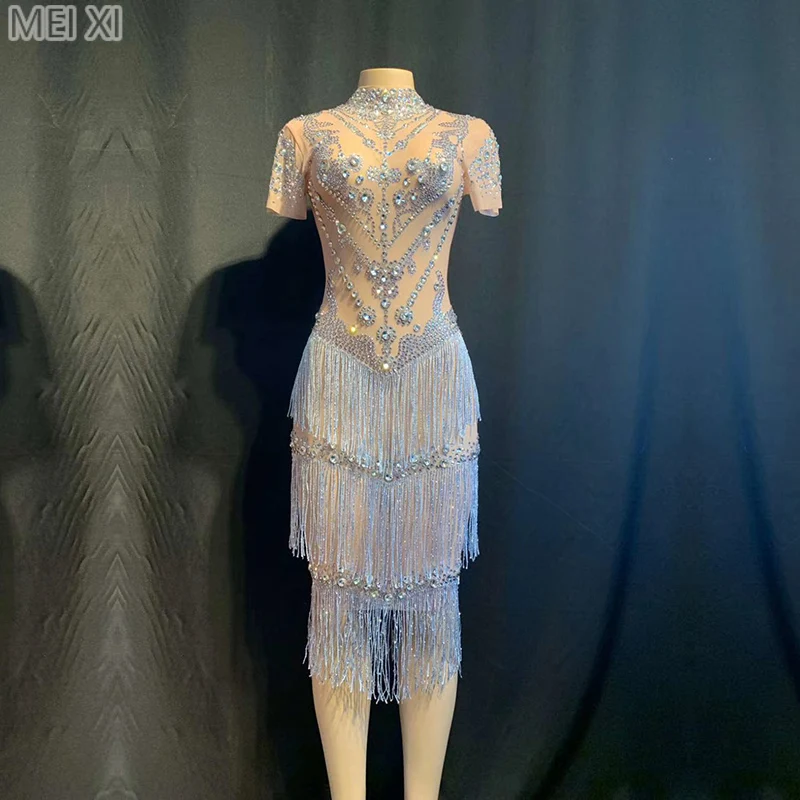 

Sexy mesh see-through silver rhinestone tassel dress birthday celebration party banquet evening dress concert ball singer dress