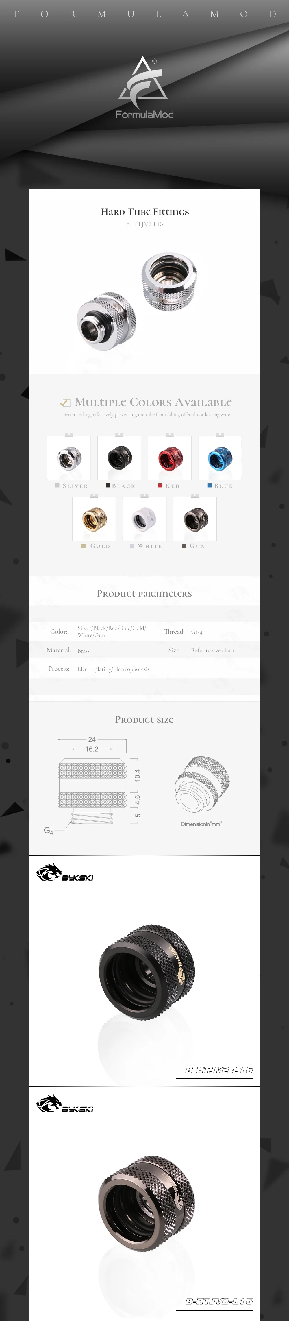 Bykski B-HTJV2-L16, OD16mm Extended Type Hard Tube Fittings, G1/4 Adapters For OD16mm Hard Tubes  