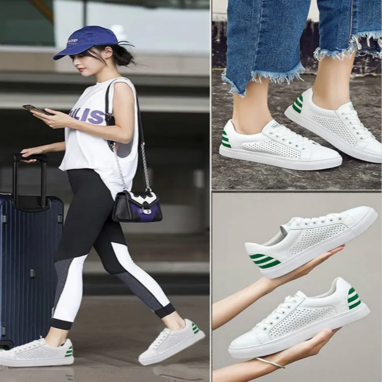 

Flat Top Shoes Women's 2019 Summer Versatile Breathable Casual Shoes White Women's Genuine Leather Korean-style lou kong wang Re