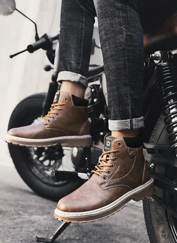 Boots Men Autumn High Quality Causal Motorcycle Ankle Boots Winter Leather Lace up Round Top Fashion Work Shoes Botas de hombre