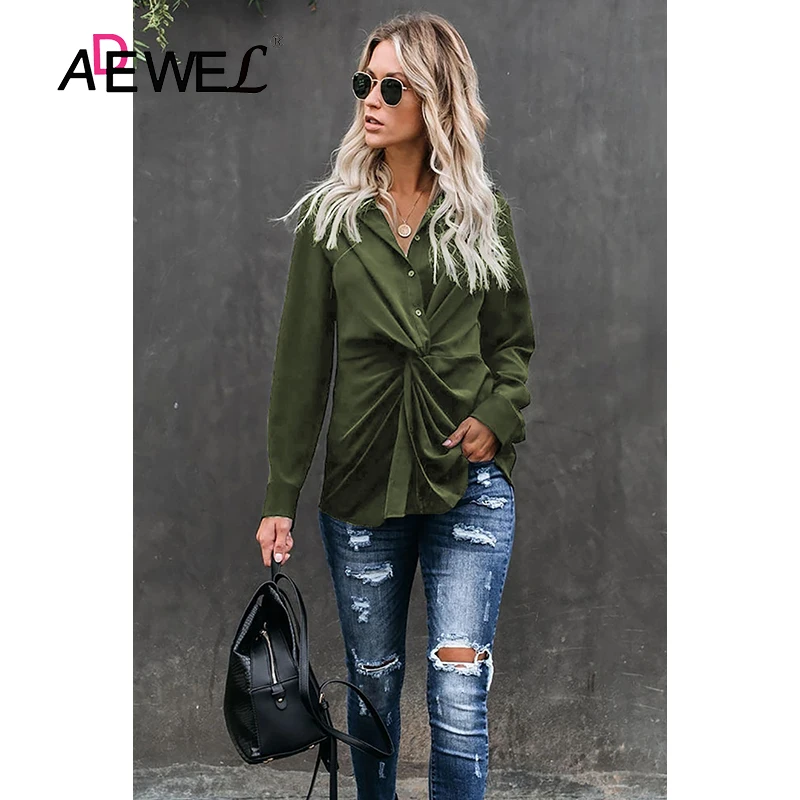 ADEWEL, белая, на пуговицах, крученая, женская футболка, Camiseta Mujer, с длинным рукавом, женская рубашка, женская мода, размера плюс, одежда