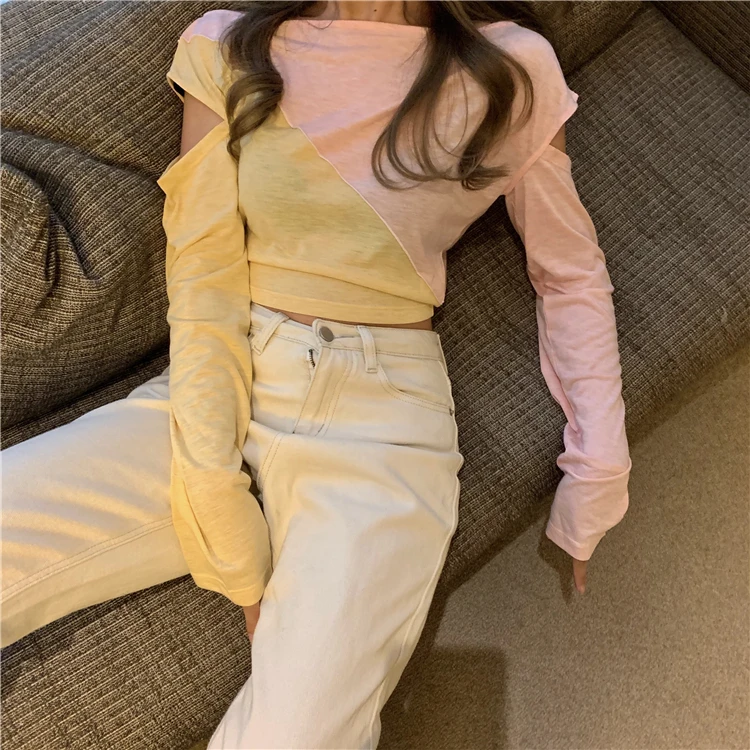 color 2 WHITNEY WANG футболка с длинным рукавом модная уличная цвета контрастная Лоскутная полый тонкий футболка женская футболка Топы - Цвет: color 2