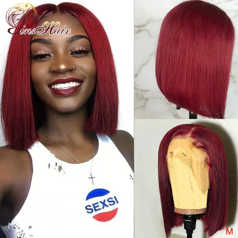 Pinshair 99J Омбре короткий боб парик красный кружевные передние человеческие волосы