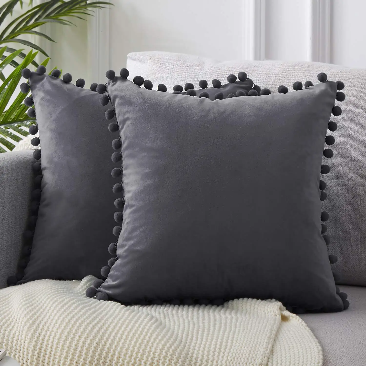 Velvet Cushion Cover with Pom-poms