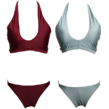 

Two Piece Female Swimsuit Halter Top Padded Push Up Sexy Briefs Tankini Back Line Design Europe America Stylish Wine Red Green