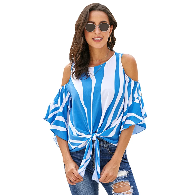 

Women Chiffon Blouse Striped Off The Shoulder Tops with Bowknot Spring Summer Blusa Feminina Loose Butterfly Sleeve Casual Shirt