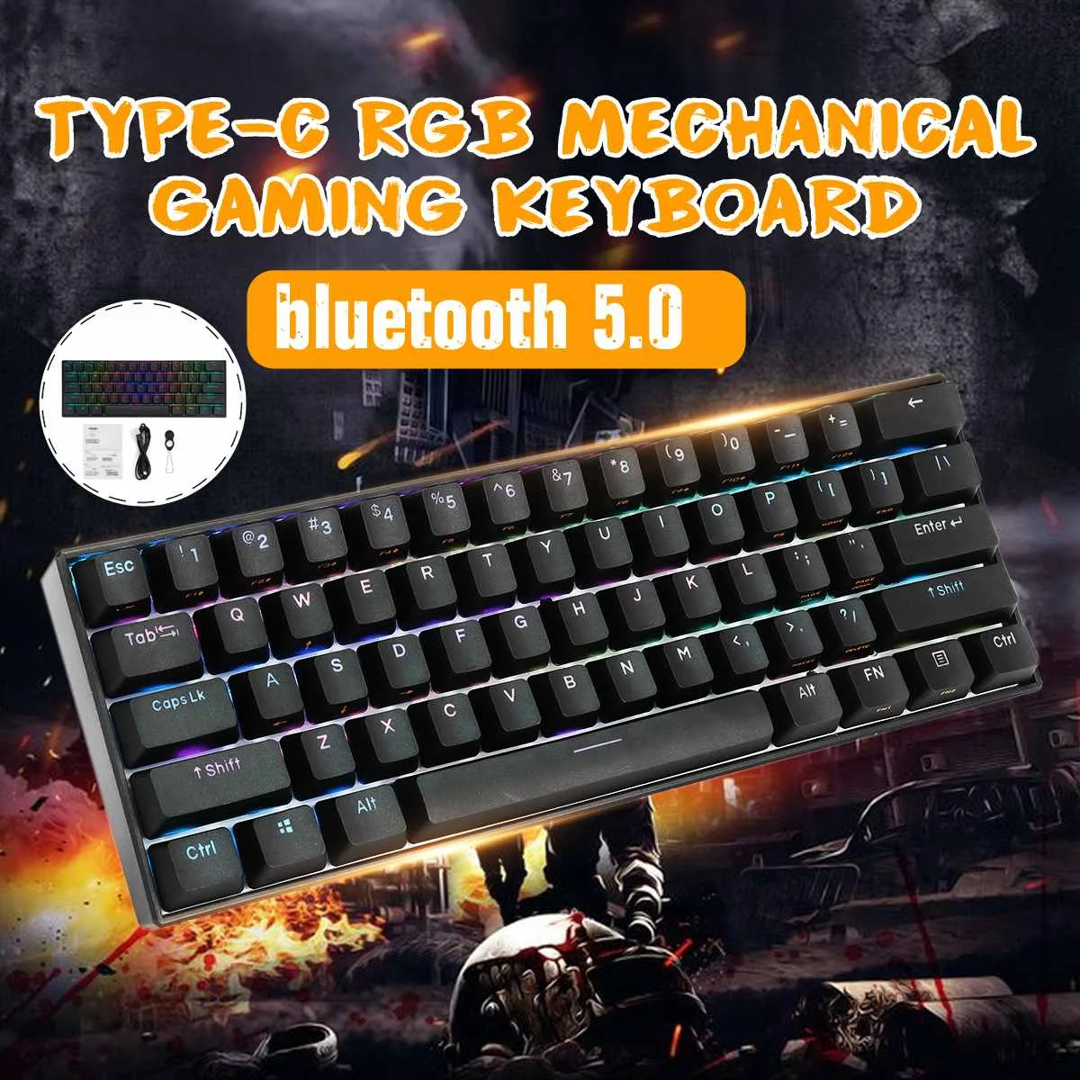 60% NKRO bluetooth 5,0 type-C RGB PBT двойная клавиша 61 клавиша Механическая игровая клавиатура черный