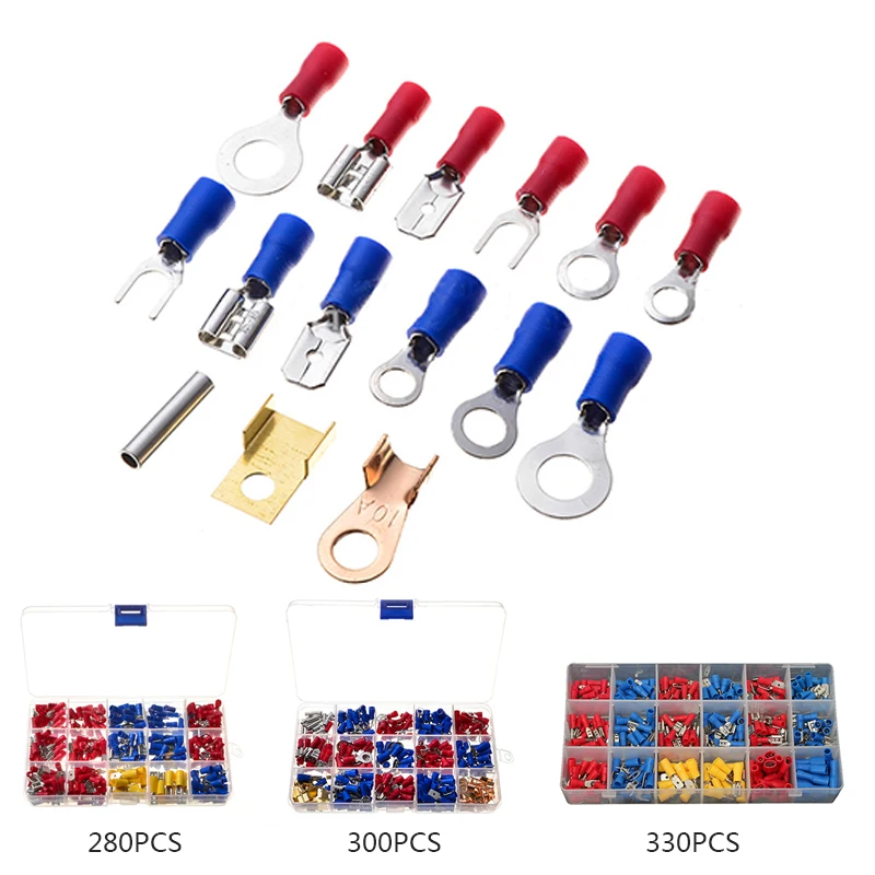 280/300/330PCS Insulated Cable Connector Electrical Wire Assorted Crimp Spade Butt Ring Fork Set Ring Lugs Rolled Terminals Kit