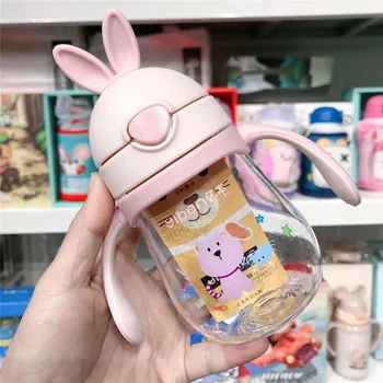 

280ml Cute Rabbite Baby Feeding Cup with a Straw BPA Free Children Learn Feeding Drinking Handle Kids Water Bottles Training Cup