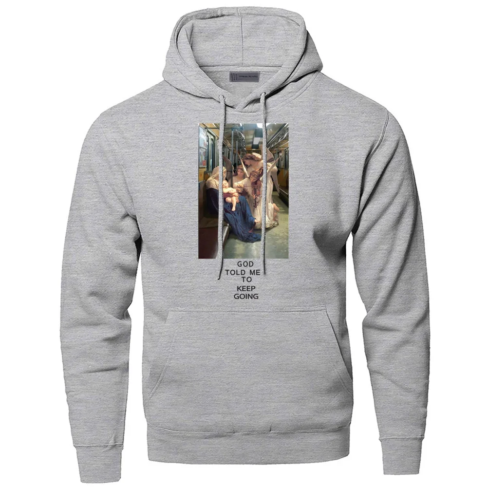 

Virgin Mary Hoodies Men Vintage Painting Hooded Sweatshirts God Told Me To Keep Going Hoodie Winter Autumn Streetwear Sportswear
